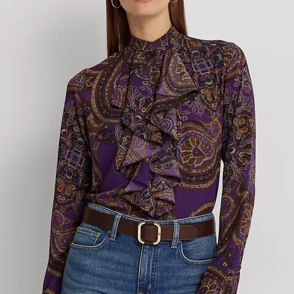 Lauren Ralph Lauren Paisley Floral Ruffle Georgette Bohemian Blouse Purple Sz  S
